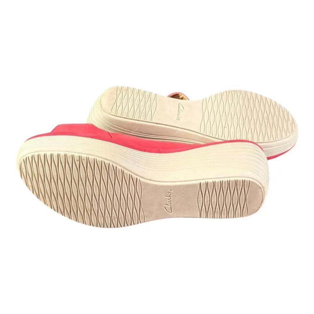 Clarks Women’s Reedly Juno Red Leather Nubuck Wedge Sandals Size 10 M